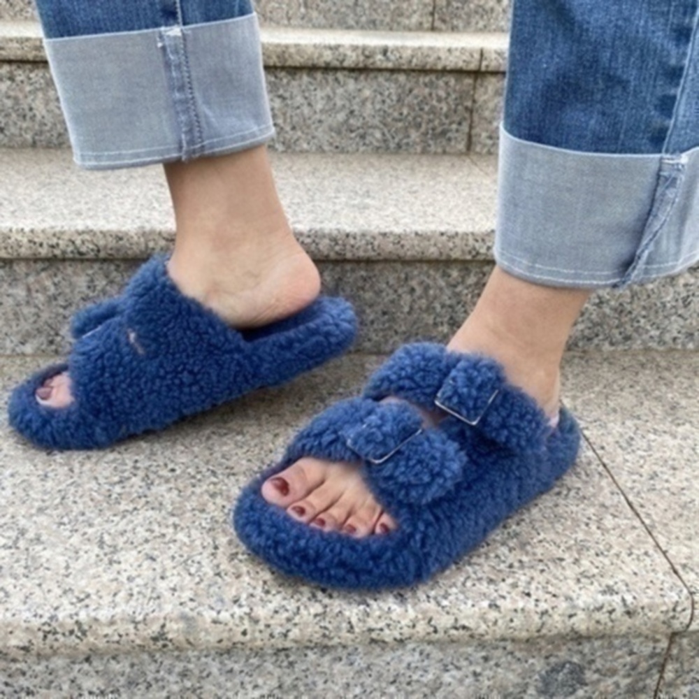 Teddy Slippers Plush Slides Blue Size 11 or Size 12